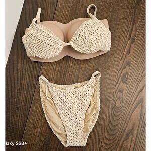 Baja Blue Vintage 90s Crochet Bikini Set Cream Underwire Top Sz 12 Bottom 10 US